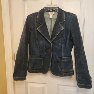 Talbots navy denim blazer with gold stitching. Size: 6